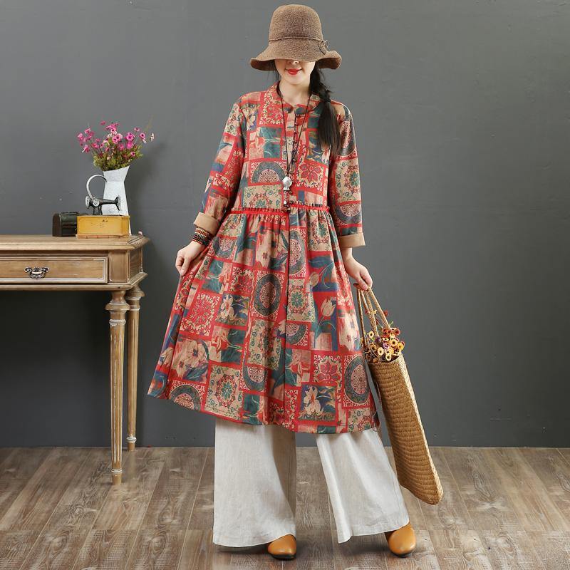 Women stand collar cotton linen clothes Runway red prints Dress fall - Omychic