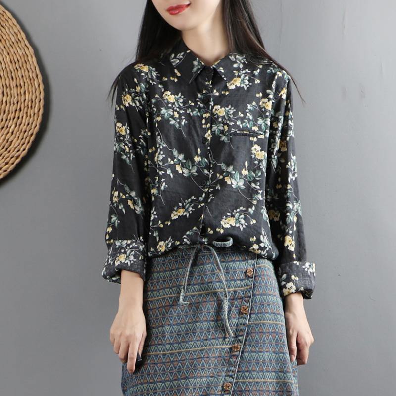 Women stand collar cotton long sleeve Blouse Outfits yellow floral top - Omychic