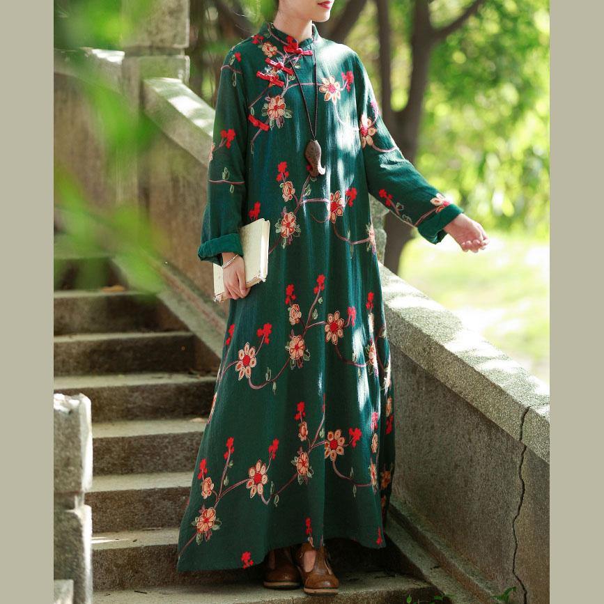 Women stand collar cotton quilting clothes Inspiration green embroidery Kaftan Dress fall - Omychic