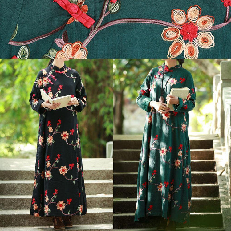 Women stand collar cotton quilting clothes Inspiration green embroidery Kaftan Dress fall - Omychic