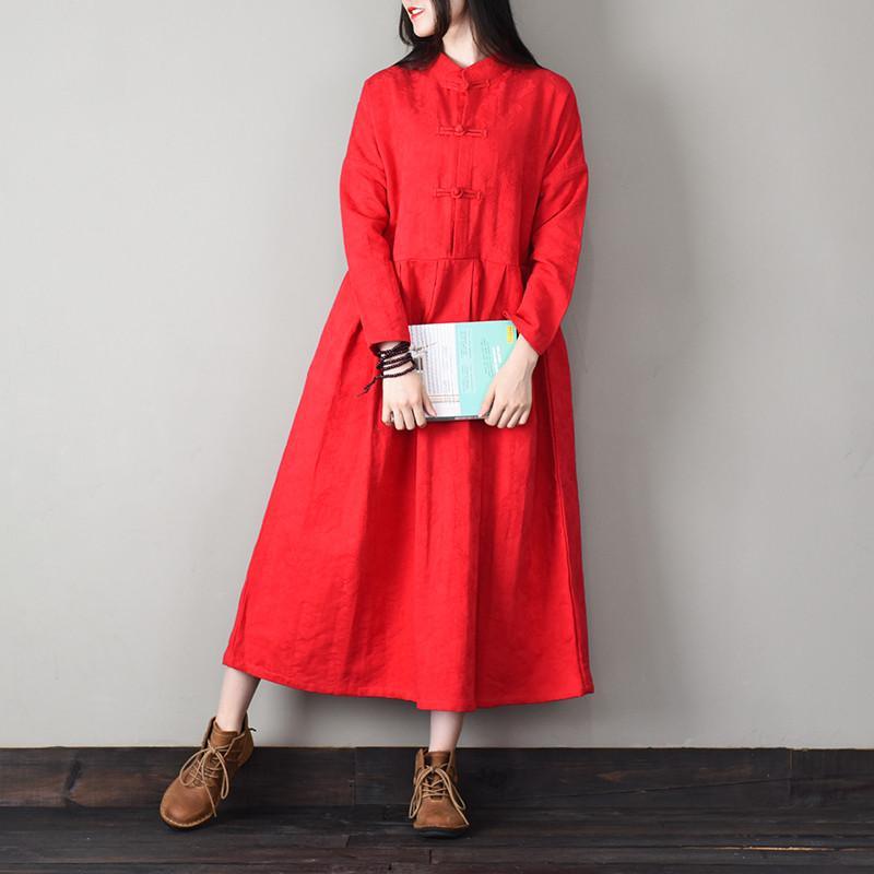 Women stand collar cotton spring clothes For Women Sleeve red cotton Dresses - Omychic