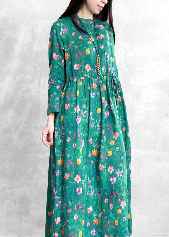 Women Stand Collar Drawstring Linen Green Print Dress