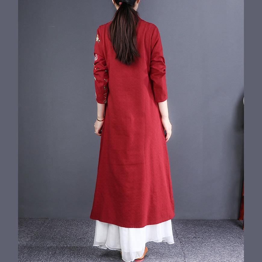 Women stand collar embroidery linen cotton Robes Pakistani design burgundy Kaftan Dress - Omychic
