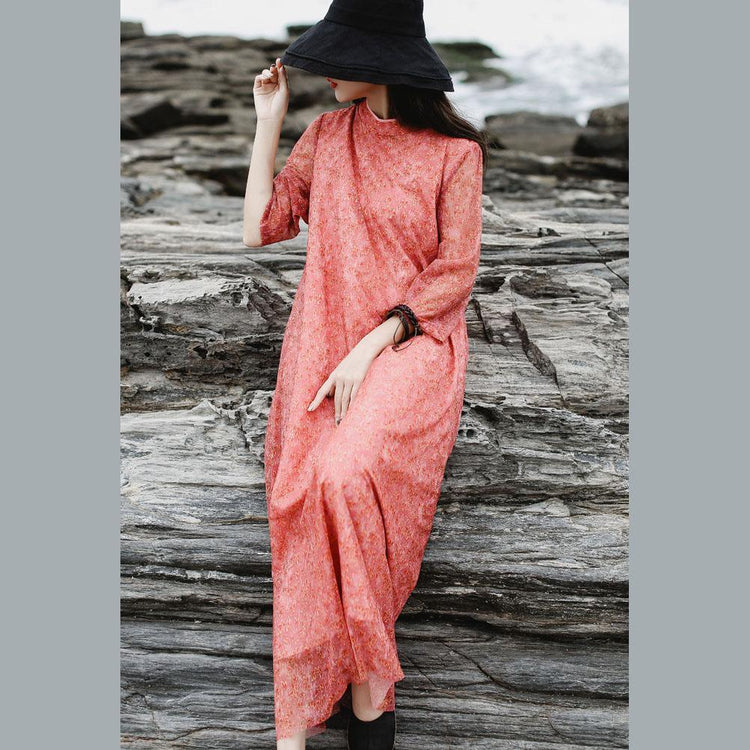 Women stand collar half sleeve chiffon pink print long Dress Summer - Omychic