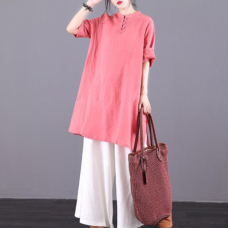 Women stand collar half sleeve linen top silhouette Fabrics red blouse summer - Omychic