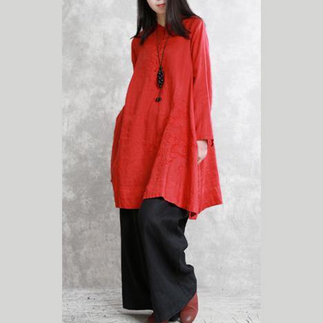 Women stand collar linen clothes Indian Fabrics red tunic tops spring - Omychic