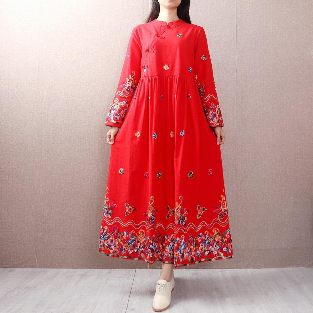 Women stand collar linen cotton Soft Surroundings Sleeve red embroidery Dresses autumn - Omychic