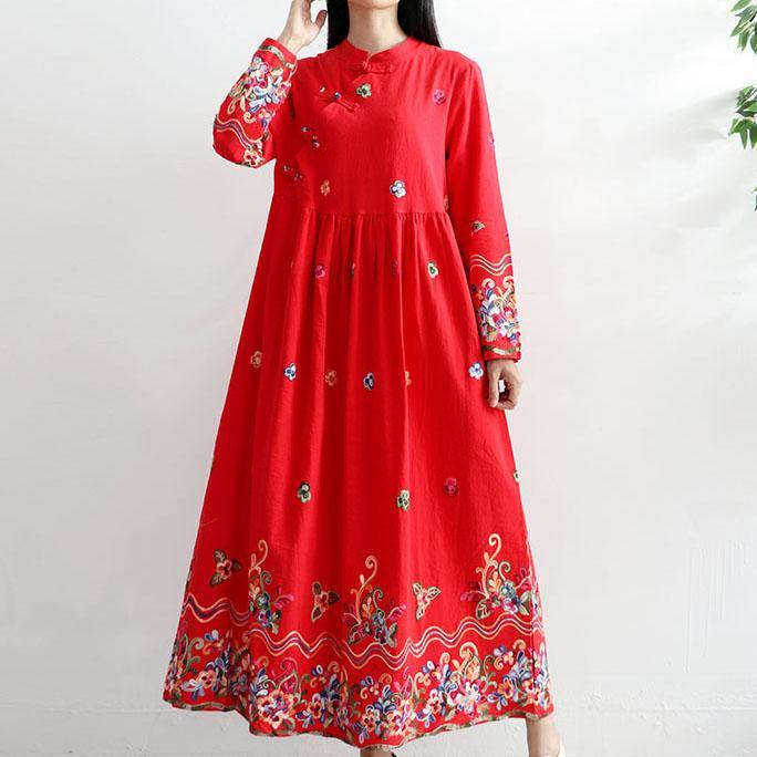 Women stand collar linen cotton Soft Surroundings Sleeve red embroidery Dresses autumn - Omychic