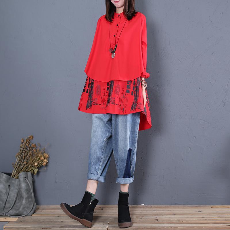 Women stand collar patchwork cotton tunics for women design red print blouse fall - Omychic