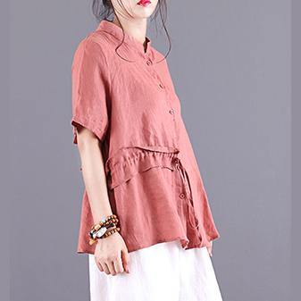 Women stand collar patchwork linen top silhouette Cotton red top summer - Omychic