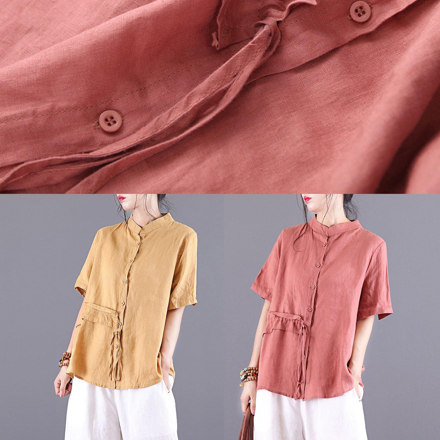 Women stand collar patchwork linen top silhouette Cotton red top summer - Omychic