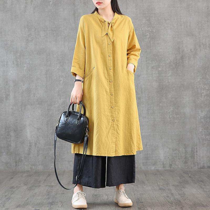 Women stand collar pockets linen dress Shirts yellow Dress - Omychic