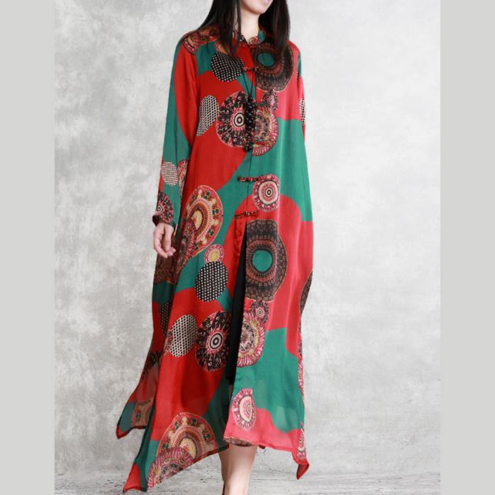 Women stand collar silk clothes For Women Plus Size Outfits red prints silk robes Dress summer - Omychic