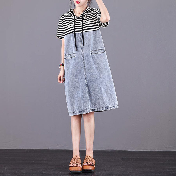 Women striped Cotton quilting clothes hooded patchwork short summer Dresses - Omychic