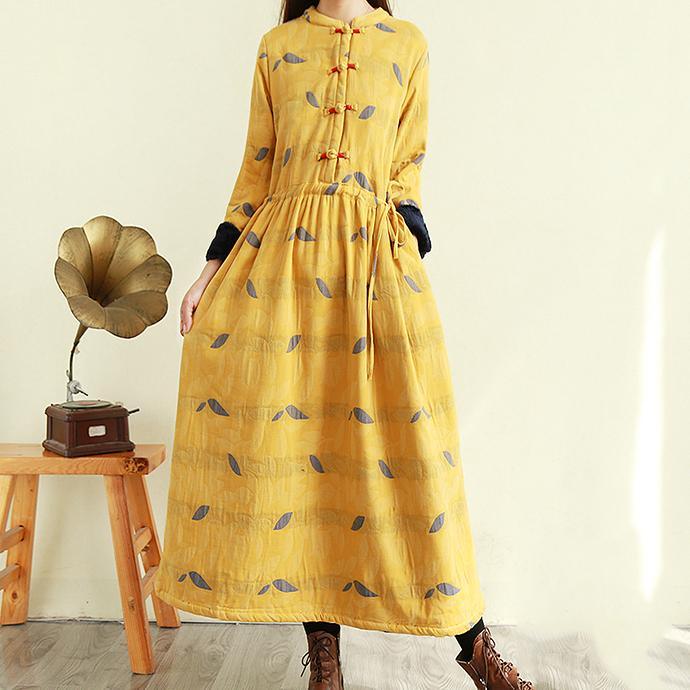 Women tie waist linen winter clothes Online Shopping yellow prints Dress - Omychic