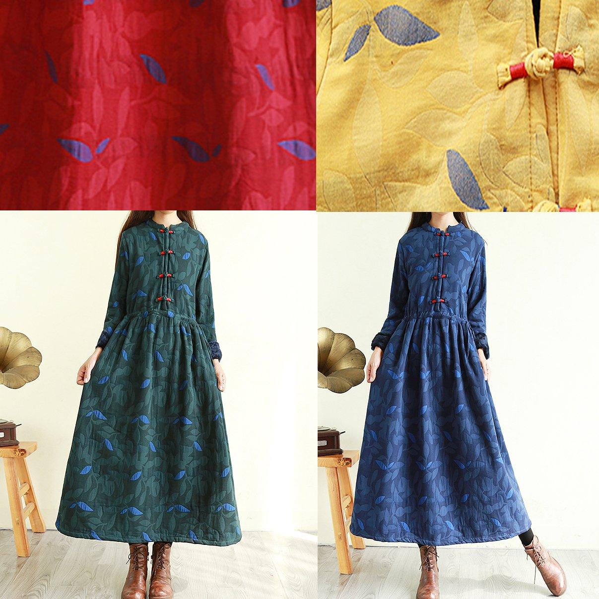 Women tie waist linen winter clothes Online Shopping yellow prints Dress - Omychic