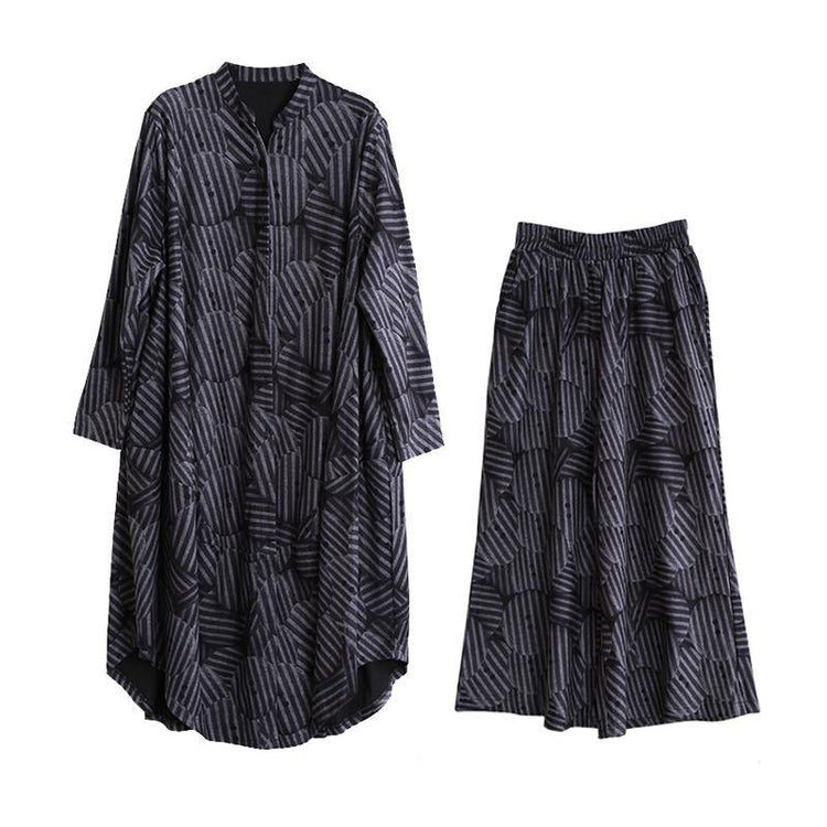 Women two pieces Plus Size tunics for women gray striped Art outwear and wide leg pants fall - Omychic