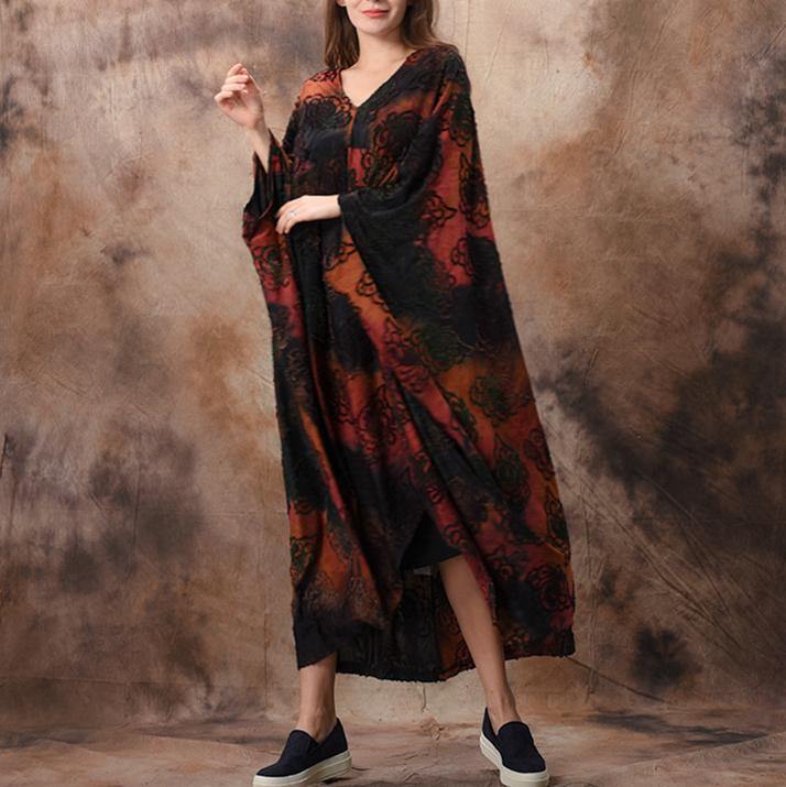Women v neck Batwing Sleeve Jacquard clothes Women Boho Fashion Ideas red Maxi Dress spring - Omychic