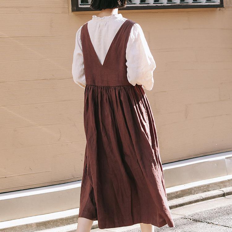 Women v neck Sleeveless linen dresses Korea Outfits brown Vestidos De Lino Dress summer - Omychic