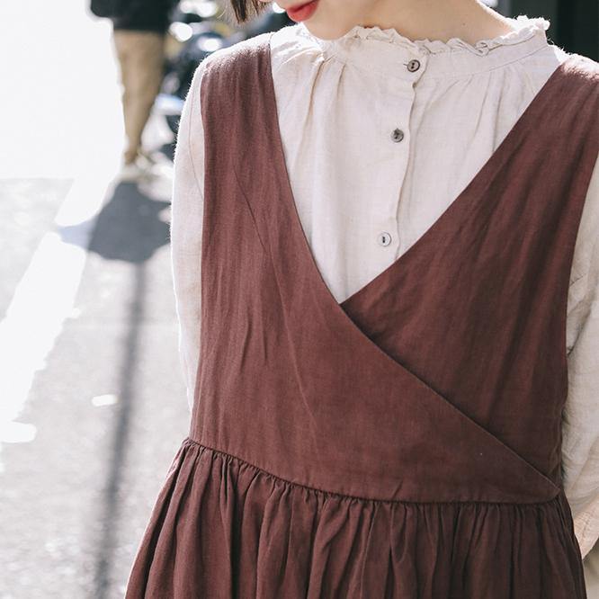 Women v neck Sleeveless linen dresses Korea Outfits brown Vestidos De Lino Dress summer - Omychic