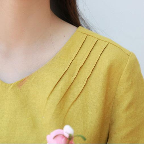 Women v neck cotton crane tops yellow short blouse fall - Omychic