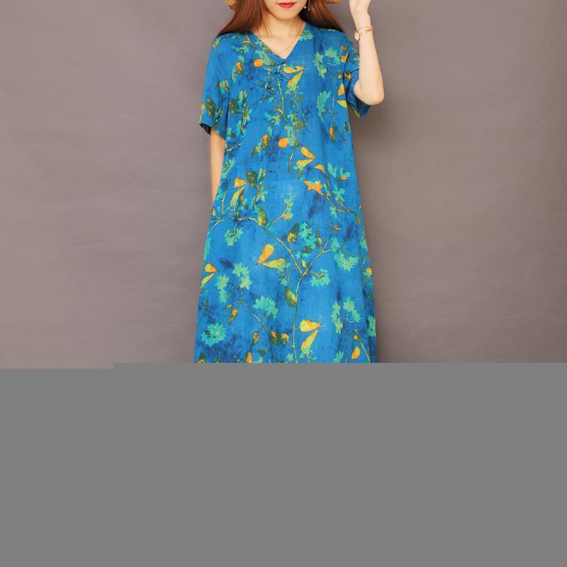Women v neck cotton dresses linen blue floral Maxi Dresses sundress - Omychic
