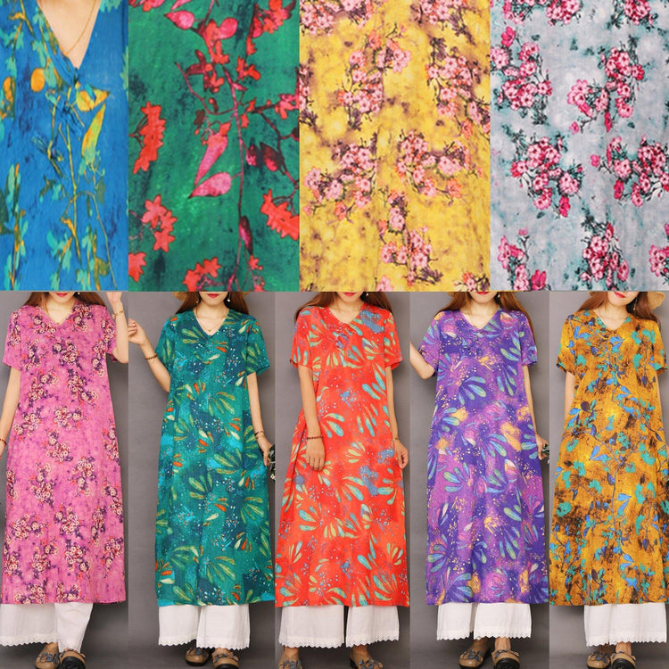 Women v neck cotton dresses linen blue floral Maxi Dresses sundress - Omychic