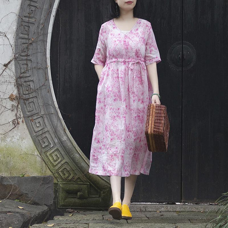 Women v neck drawstring linen dress Organic Fashion Ideas pink short Dresses Summer - Omychic
