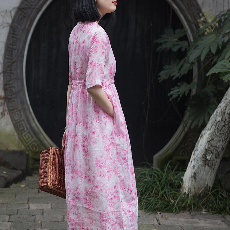 Women v neck drawstring linen dress Organic Fashion Ideas pink short Dresses Summer - Omychic