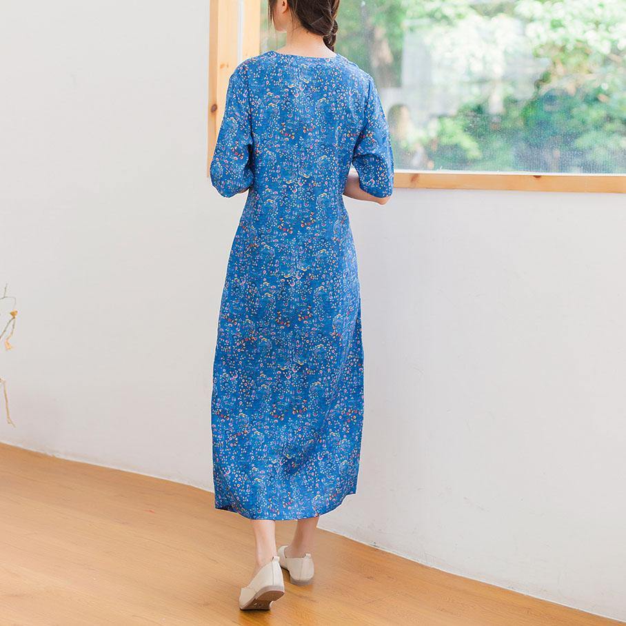 Women v neck linen clothes For Women design blue floral Dresses summer - Omychic
