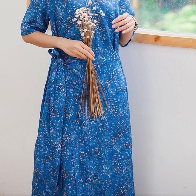 Women v neck linen clothes For Women design blue floral Dresses summer - Omychic