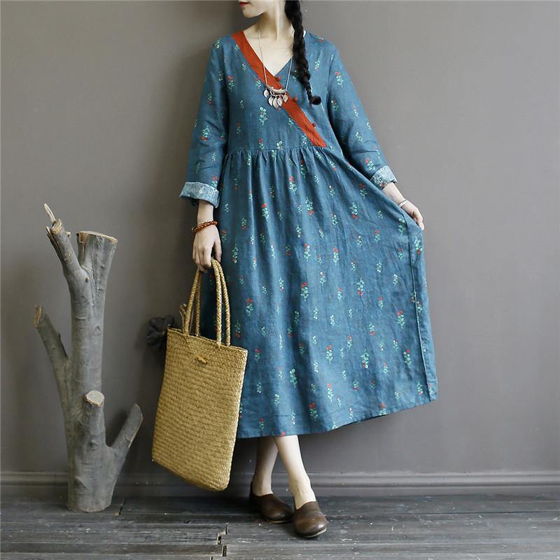Women v neck linen patchwork clothes Runway blue floral Dress - Omychic