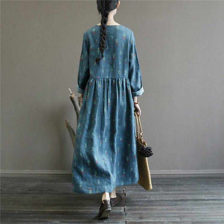 Women v neck linen patchwork clothes Runway blue floral Dress - Omychic