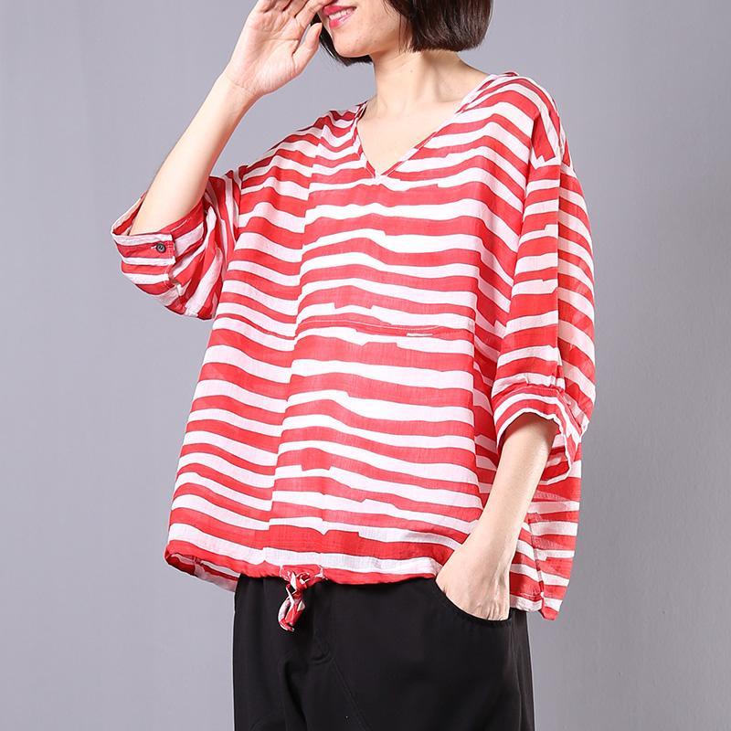 Women v neck linen shirts design red striped blouses - Omychic