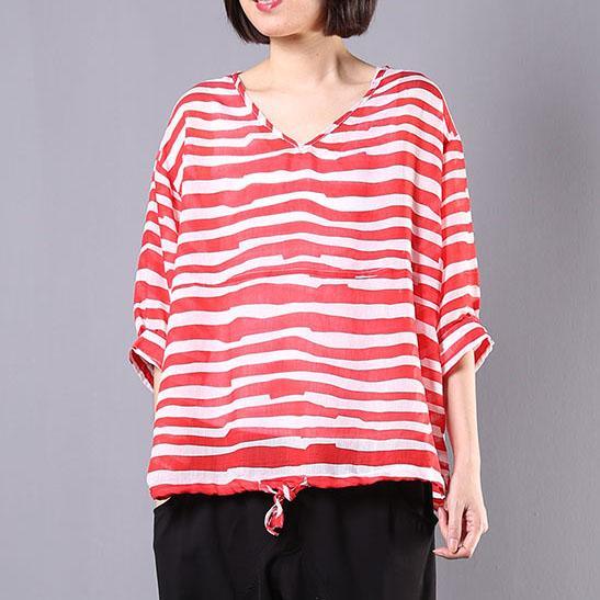 Women v neck linen shirts design red striped blouses - Omychic