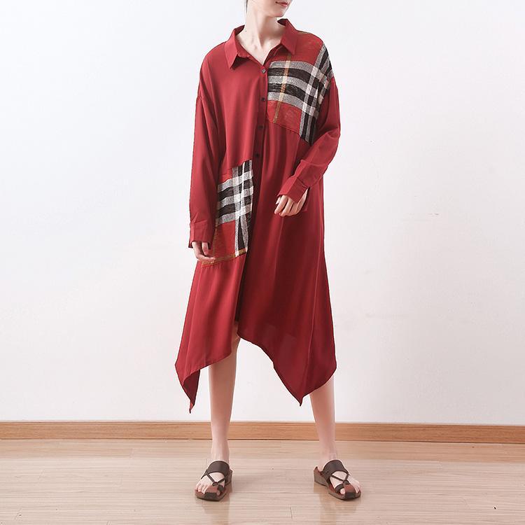 Women v neck patchwork cotton dresses plus size Neckline red Maxi Dress spring - Omychic