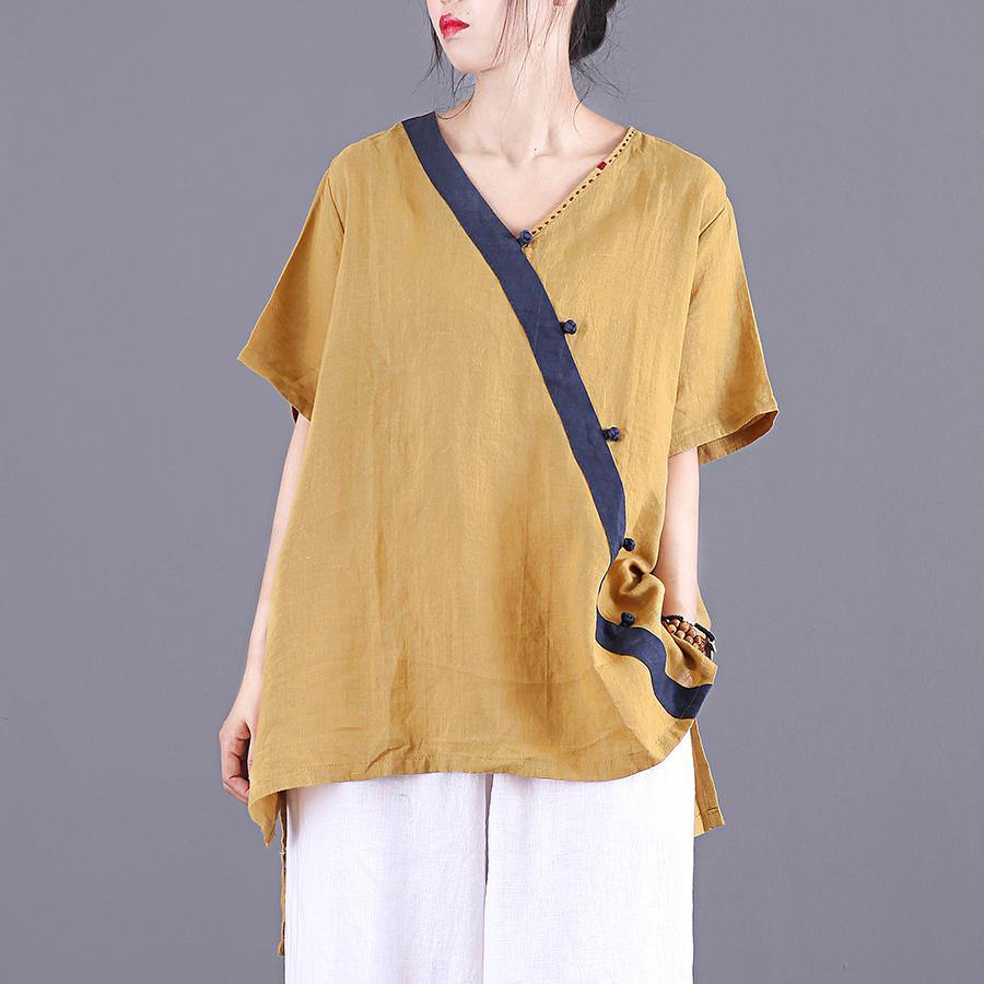Women v neck patchwork linen clothes For Women Outfits yellow tops summer - Omychic