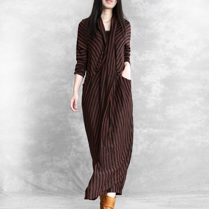 Women v neck pockets cotton chocolate striped Plus Size Dresses fall - Omychic