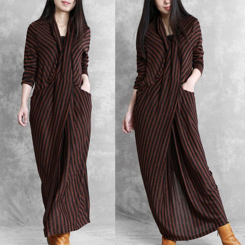 Women v neck pockets cotton chocolate striped Plus Size Dresses fall - Omychic