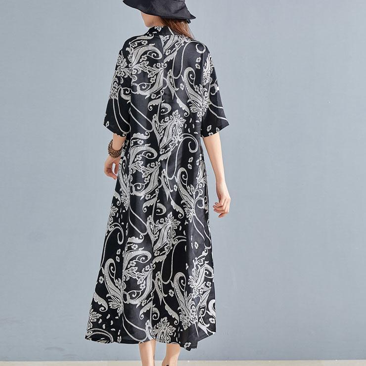Women v neck pockets linen Robes Shape gray print Dress summer - Omychic