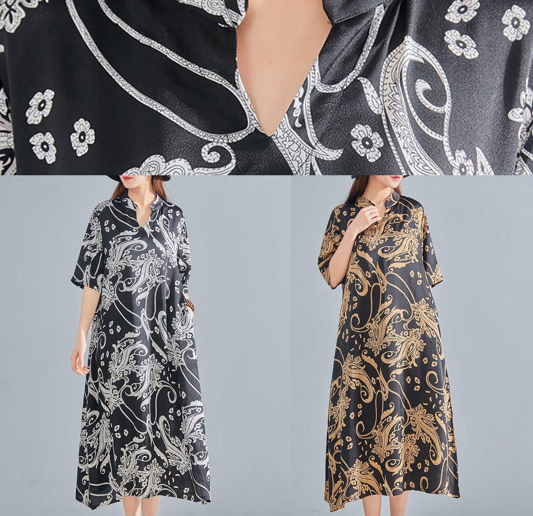 Women v neck pockets linen Robes Shape gray print Dress summer - Omychic