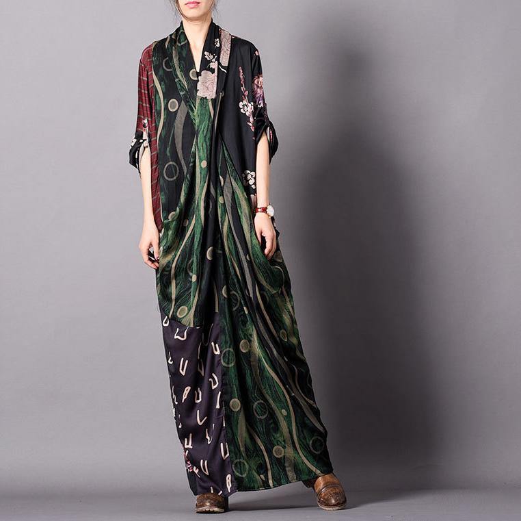 Women V Neck Pockets Silk Kaftans Metropolitan Museum Sleeve Green Print Plus Size Clothing Dresses Spring - Omychic