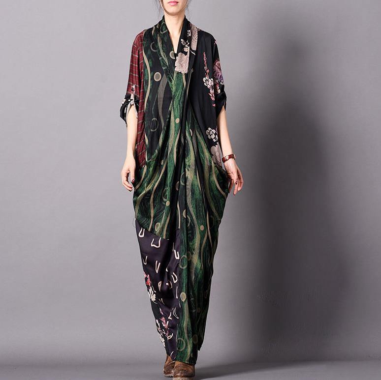 Women V Neck Pockets Silk Kaftans Metropolitan Museum Sleeve Green Print Plus Size Clothing Dresses Spring - Omychic