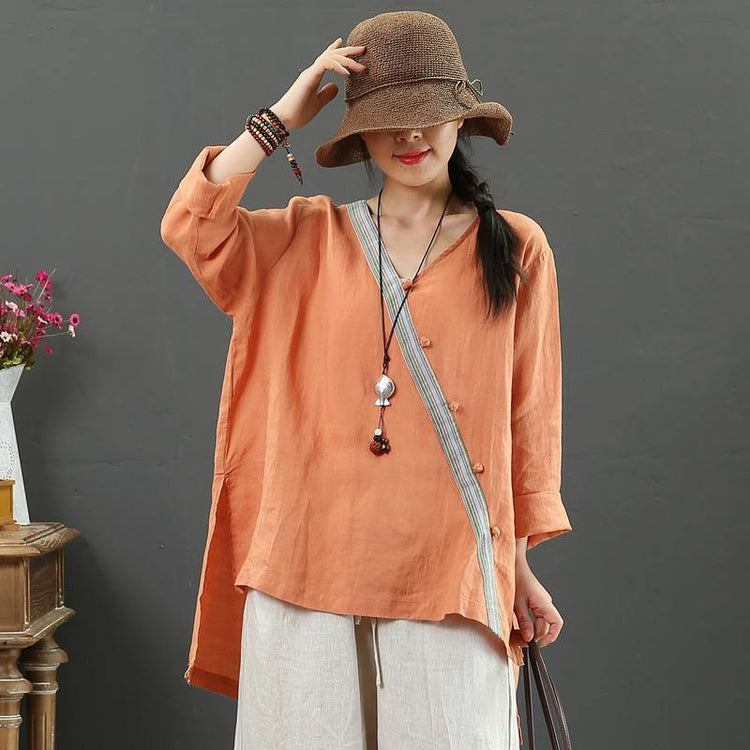 Women v neck side open linen tunics for Outfits orange shirt fall - Omychic