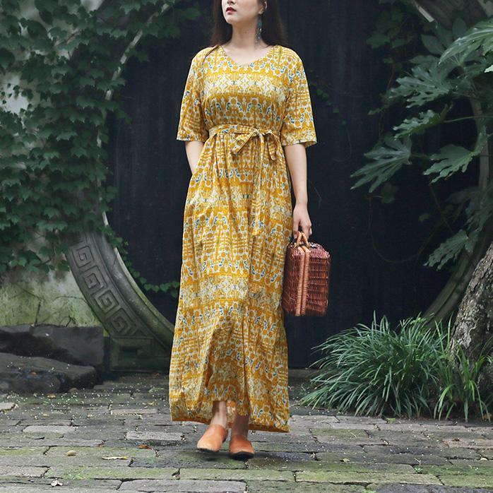 Women v neck tie waist cotton clothes Women Boho pattern yellow print Kaftan Dress Summer - Omychic