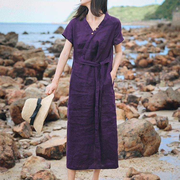 Women v neck tie waist linen clothes For Women Vintage Tutorials purple linen robes Dresses Summer - Omychic