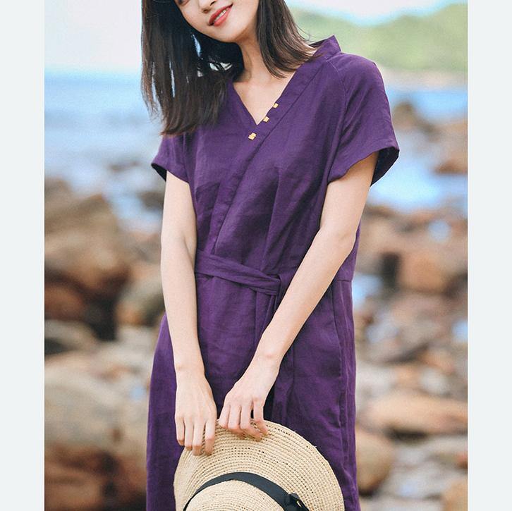 Women v neck tie waist linen clothes For Women Vintage Tutorials purple linen robes Dresses Summer - Omychic