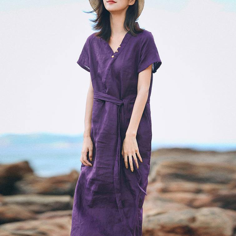 Women v neck tie waist linen clothes For Women Vintage Tutorials purple linen robes Dresses Summer - Omychic