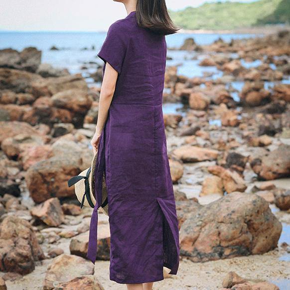 Women v neck tie waist linen clothes For Women Vintage Tutorials purple linen robes Dresses Summer - Omychic