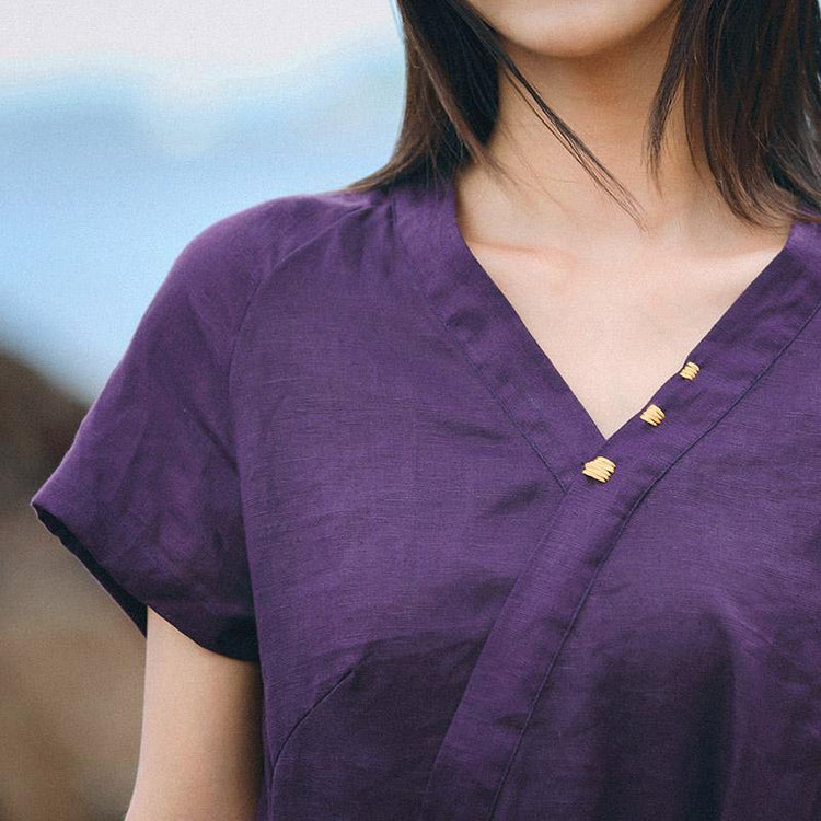 Women v neck tie waist linen clothes For Women Vintage Tutorials purple linen robes Dresses Summer - Omychic